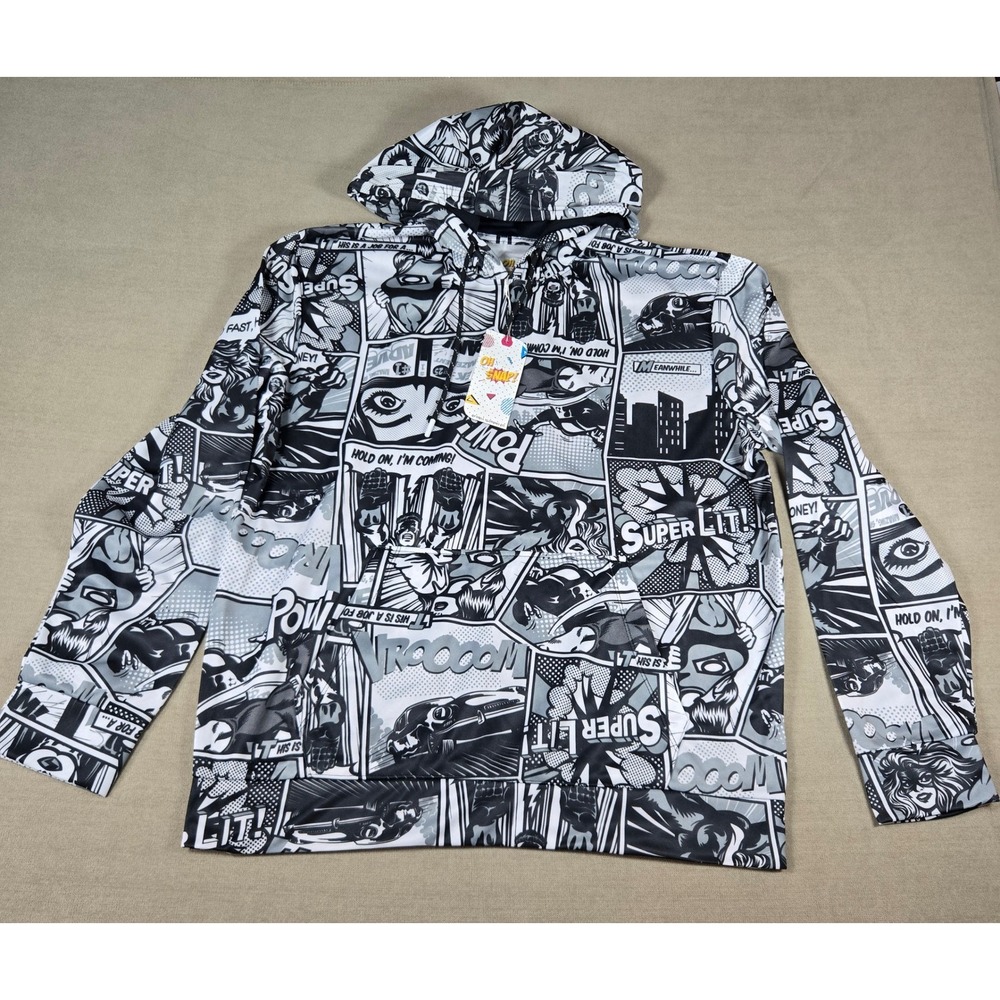 Oh Snap! Comic Book Print Hoodie Pullover Black White Gray Medium Super Hero NEW